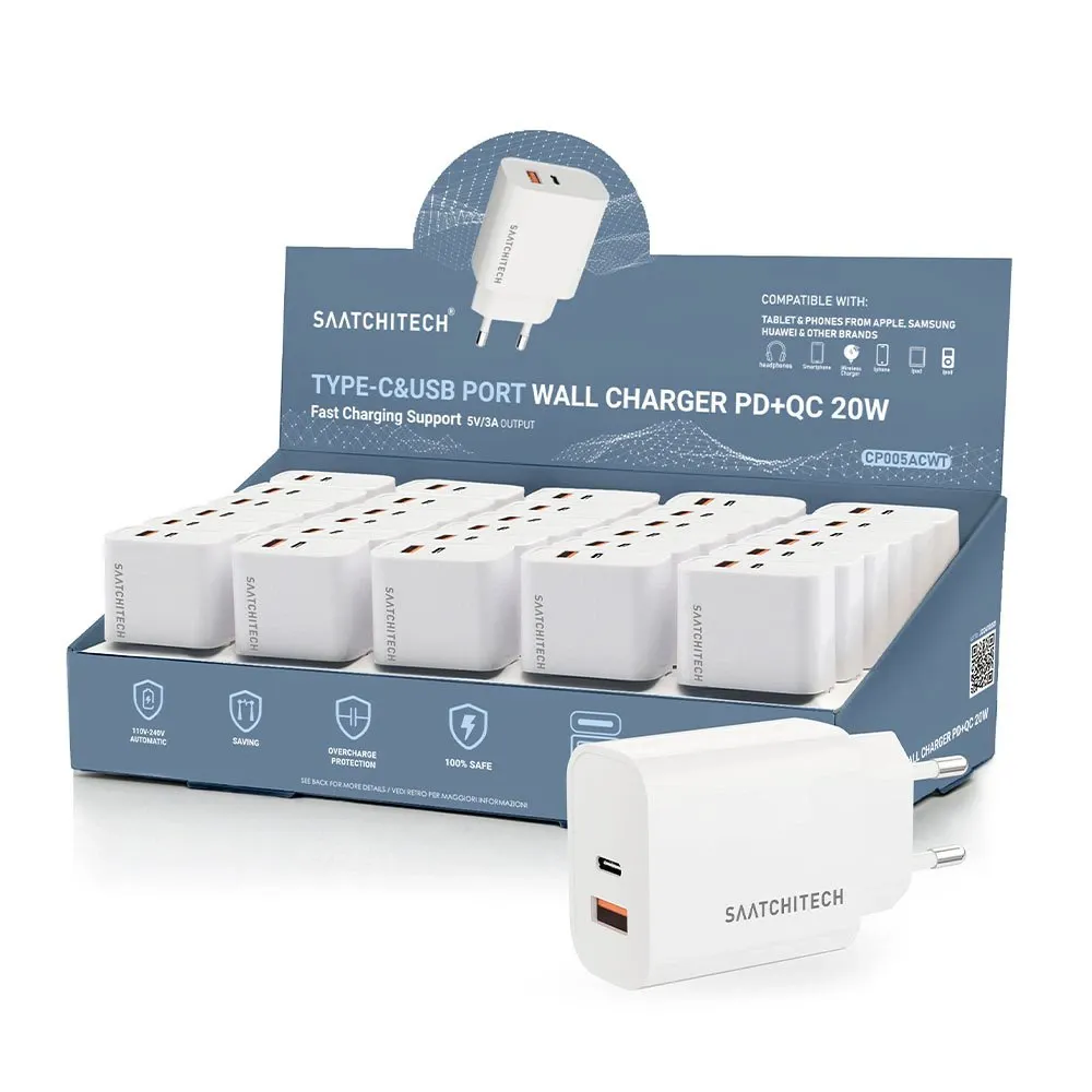 Saatchitech 20W USB-C USB-A Schnellladegerät PD QC Netzteil Fast Charger Ladeadapter Weiß für iPhone Samsung Xiaomi Huawei